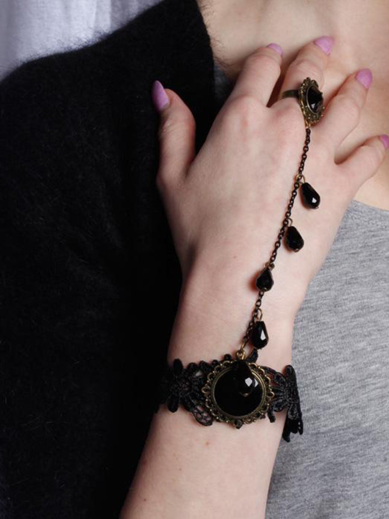 Lace Bracelet With Charm And Ring Detail In Black - svnx
