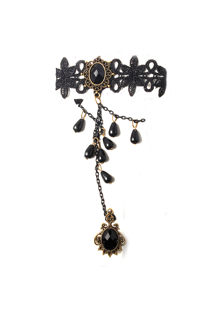 Lace Bracelet With Charm And Ring Detail In Black - svnx