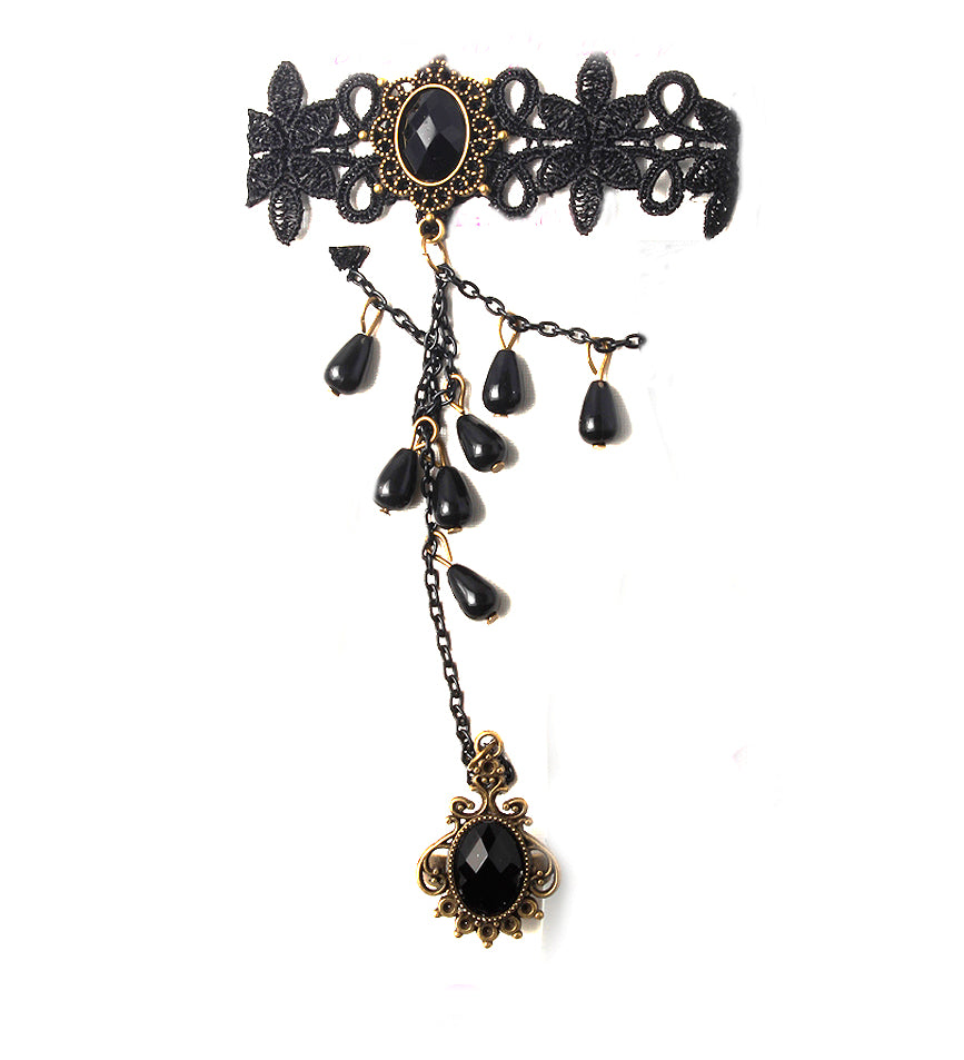 Lace Bracelet With Charm And Ring Detail In Black - svnx