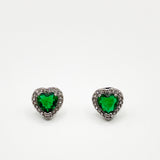 Emerald Green Diamante Heart Earrings in Silver - Gift Boxed
