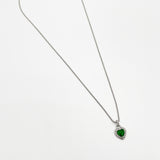 Emerald Green Diamante Heart Necklace in Silver - Gift Boxed