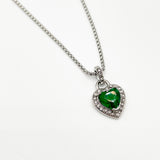 Emerald Green Diamante Heart Necklace in Silver - Gift Boxed