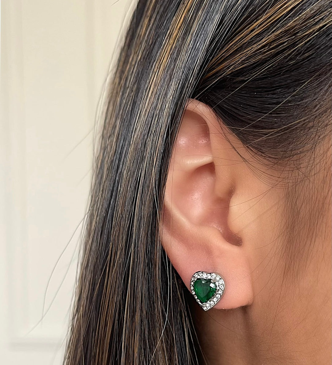 Emerald Green Diamante Heart Earrings in Silver - Gift Boxed