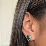 Emerald Green Diamante Heart Earrings in Silver - Gift Boxed