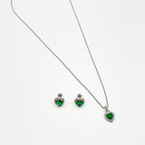 Emerald Green Diamante Heart Necklace & Earrings Set in Silver
