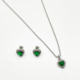 Emerald Green Diamante Heart Necklace & Earrings Set in Silver