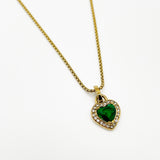 Emerald Green Diamante Heart Necklace in Gold - Gift Boxed