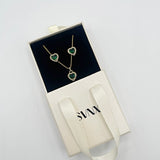 Emerald Green Diamante Heart Necklace and Earrings Set in Gold