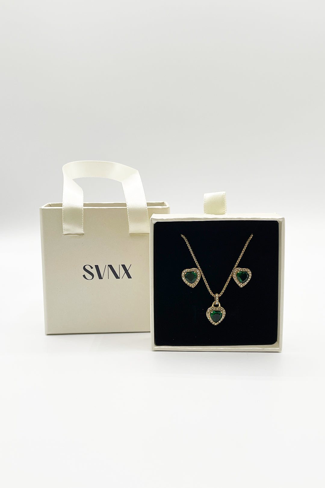 Emerald Green Diamante Heart Necklace and Earrings Set in Gold - svnx