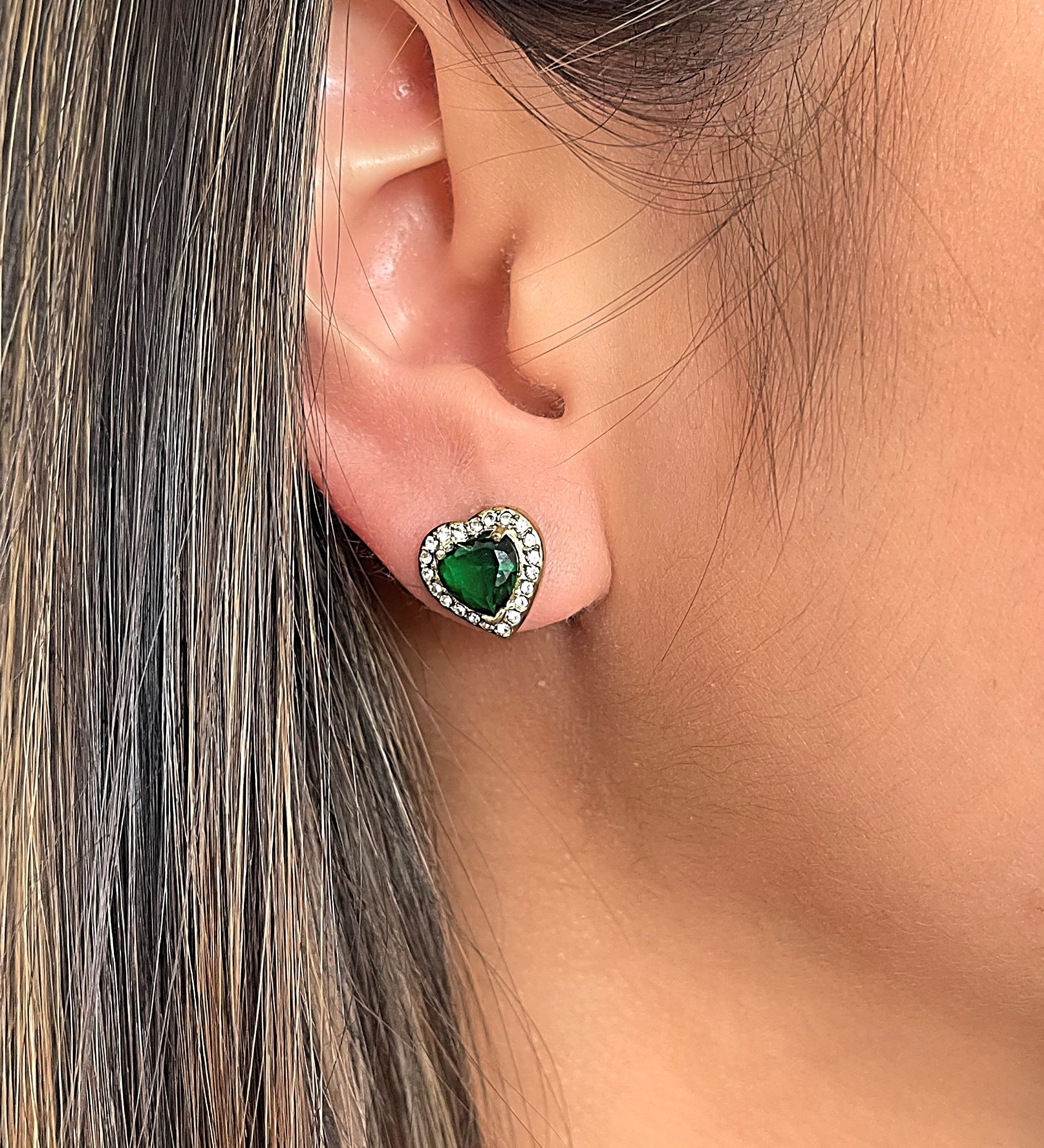 Emerald Green Diamante Heart Earrings in Gold - Gift Boxed