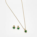 Emerald Green Diamante Heart Necklace & Earrings Set in Gold - svnx