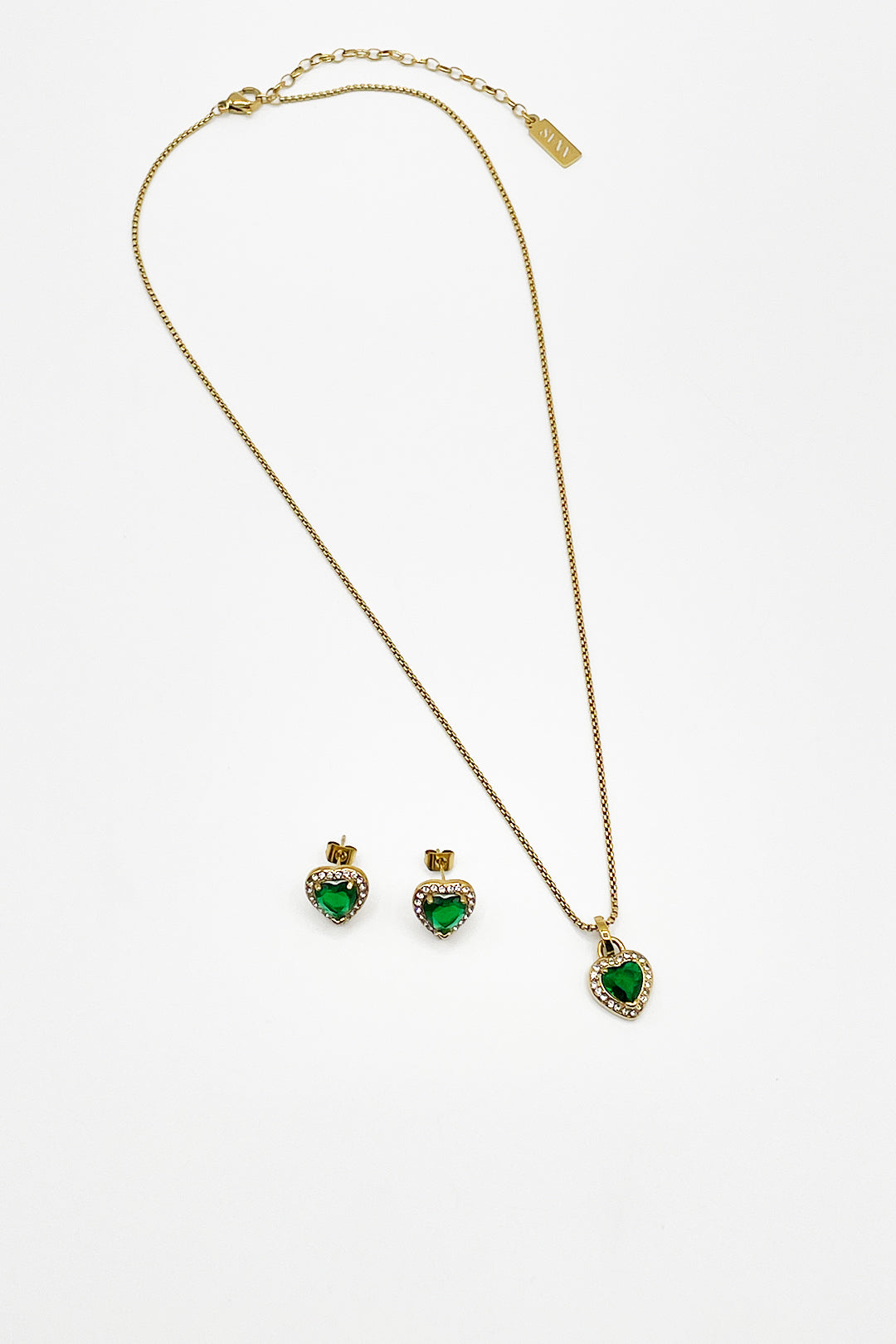 Emerald Green Diamante Heart Necklace & Earrings Set in Gold - svnx