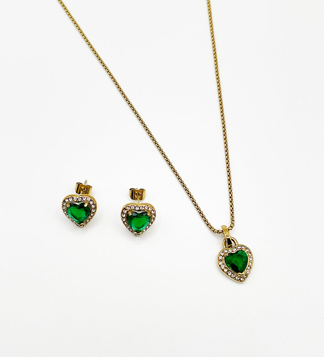 Emerald Green Diamante Heart Necklace & Earrings Set in Gold - svnx