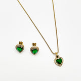 Emerald Green Diamante Heart Necklace & Earrings Set in Gold - svnx