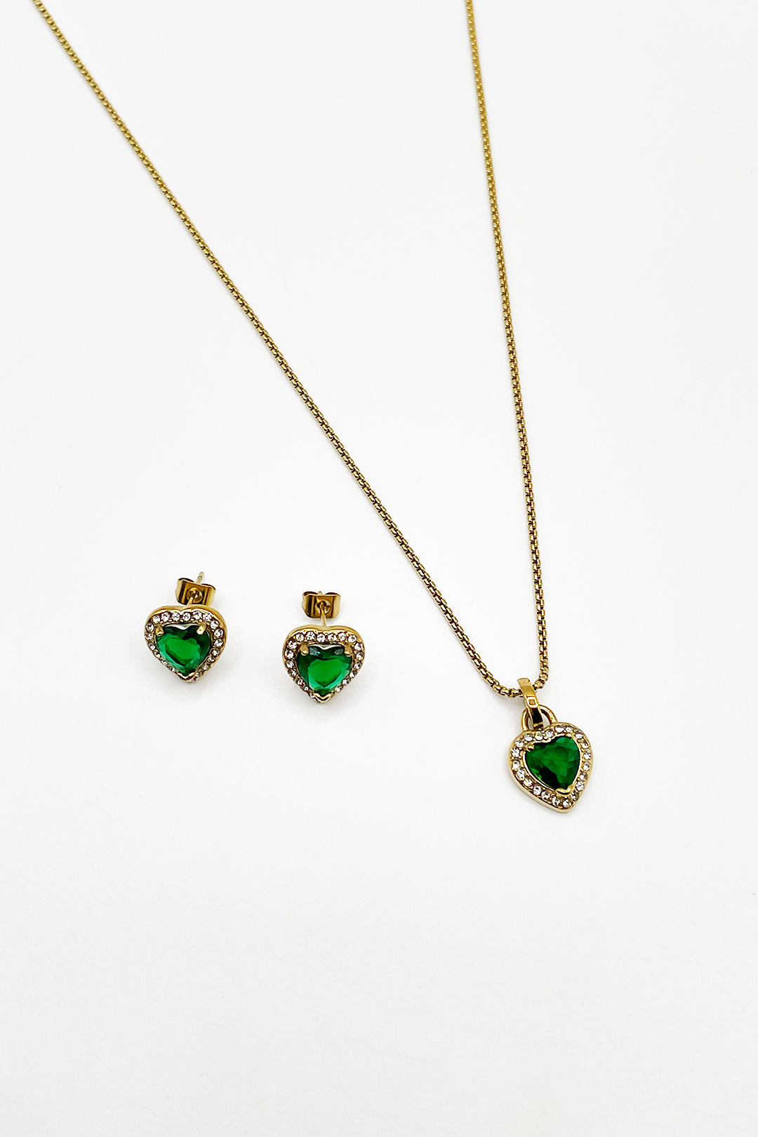 Emerald Green Diamante Heart Necklace & Earrings Set in Gold - svnx
