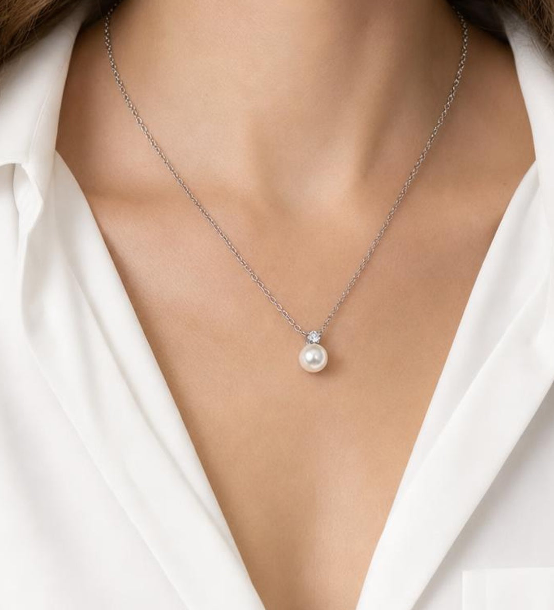 Large Pearl Diamante Necklace in Silver