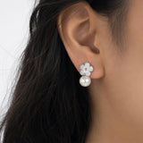 Floral Pearl Stud Earrings in Silver