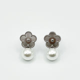 Floral Pearl Stud Earrings & Bracelet Set in Silver - Gift Boxed