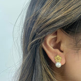 Floral Pearl Stud Earrings & Bracelet Set in Gold - Gift Boxed