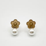 Floral Pearl Stud Earrings & Bracelet Set in Gold - Gift Boxed