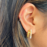 Double Heart Pearl Huggie Earrings