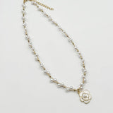 Pearl Chain Necklace with Camellia Pendant