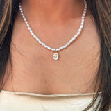 Pearl Chain Necklace with Gold Flower Pendant