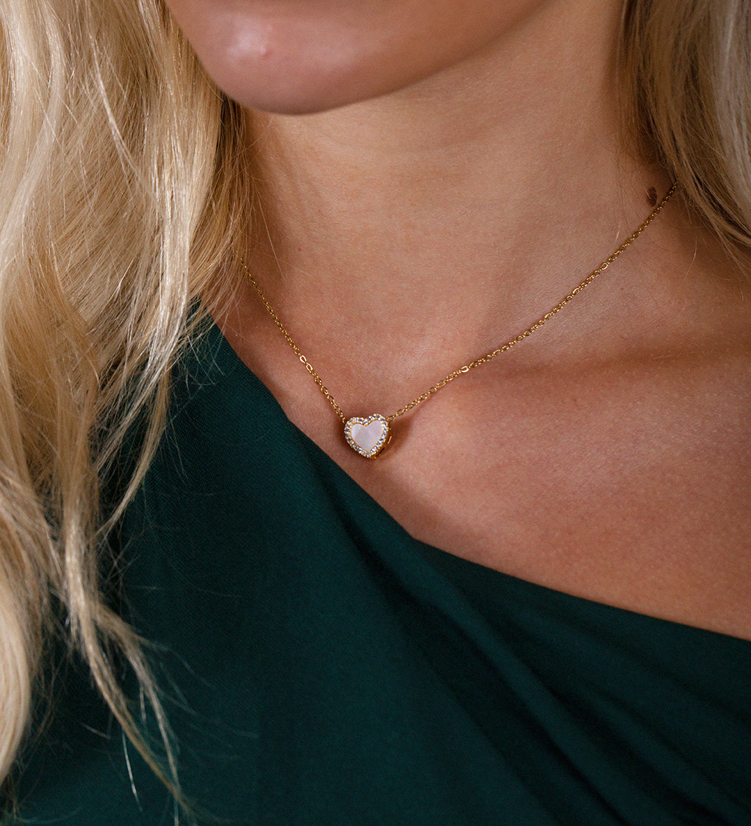 Diamante & Seashell Heart Necklace & Earrings Set In Gold - Gift Boxed