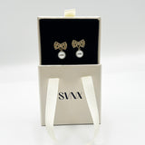 Diamante Bow Pearl Drop Earrings - Gift Boxed