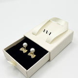 Diamante Bow Pearl Drop Earrings - Gift Boxed