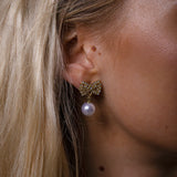 Diamante Bow Pearl Drop Earrings - Gift Boxed