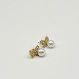 Diamante Bow Pearl Drop Earrings - Gift Boxed