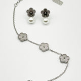 Floral Pearl Stud Earrings & Bracelet Set in Silver - Gift Boxed