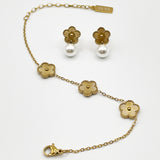 Floral Pearl Stud Earrings & Bracelet Set in Gold - Gift Boxed