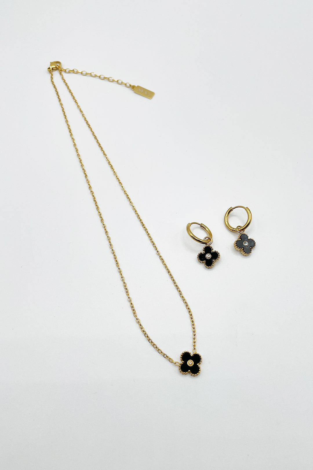 Mini Clover Necklace & Hoop Earrings in Gold with Gift Box - svnx