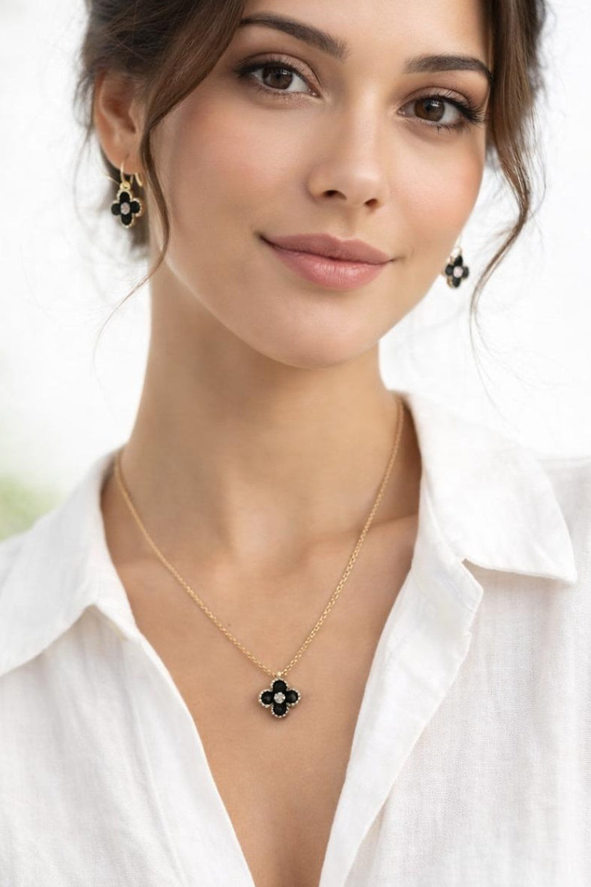 Mini Clover Necklace & Hoop Earrings in Gold with Gift Box - svnx
