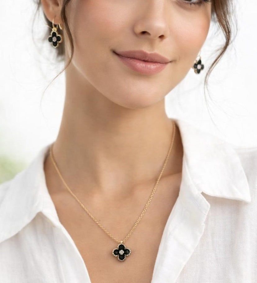 Mini Clover Necklace & Hoop Earrings in Gold with Gift Box - svnx