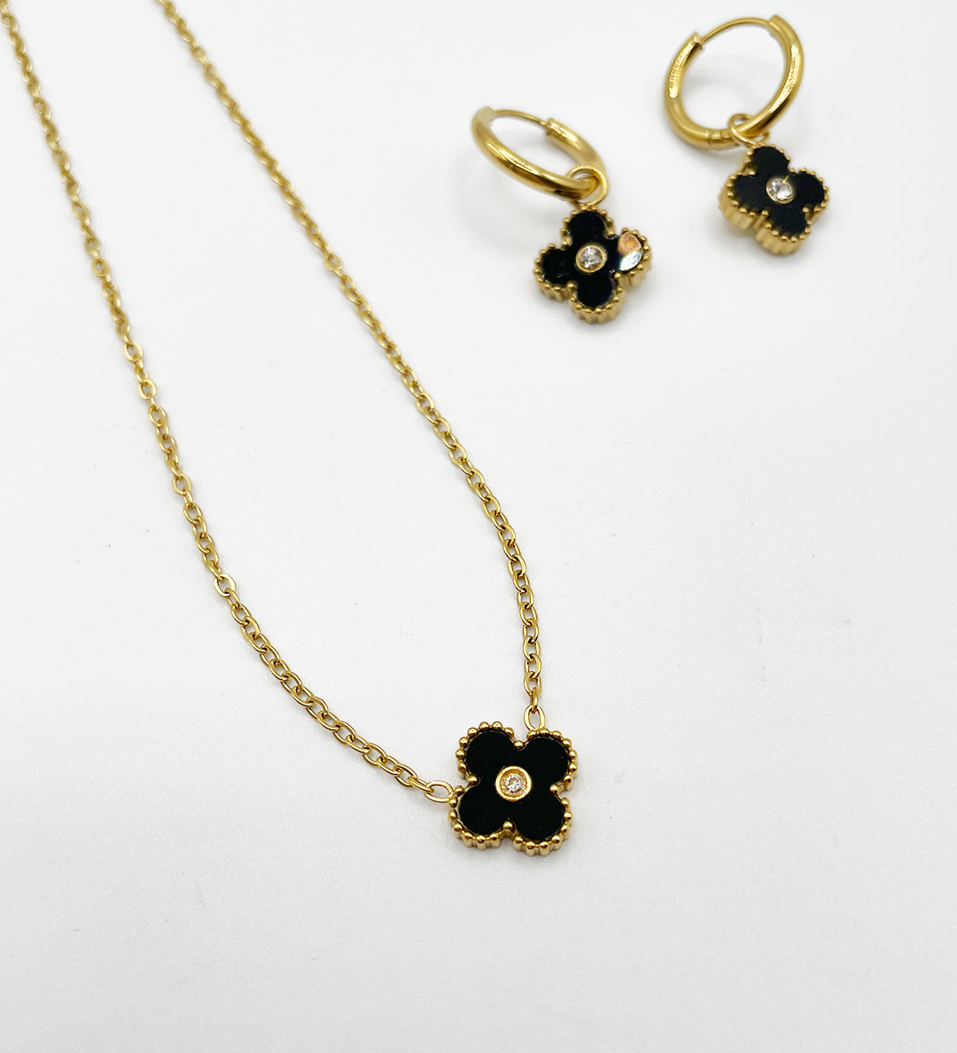Mini Clover Necklace & Hoop Earrings in Gold with Gift Box - svnx