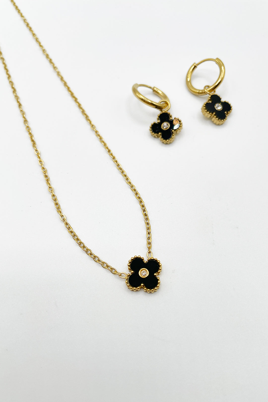 Mini Clover Necklace & Hoop Earrings in Gold with Gift Box - svnx