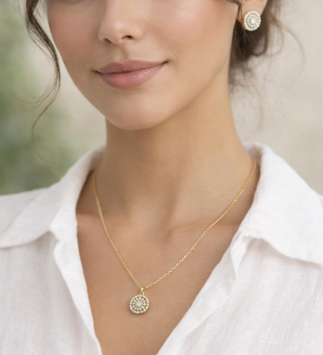 Diamante Halo Necklace & Earrings Set in Gold with Gift Box