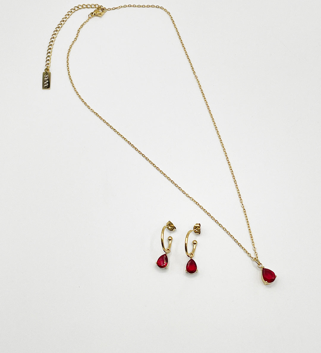 Rhinestone Teardrop Necklace & Earrings Set in Red - Gift Boxed