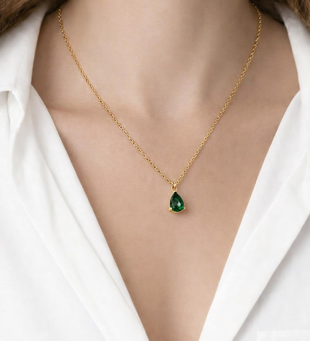 Rhinestone Teardrop Pendant Necklace in Green - Gift Boxed