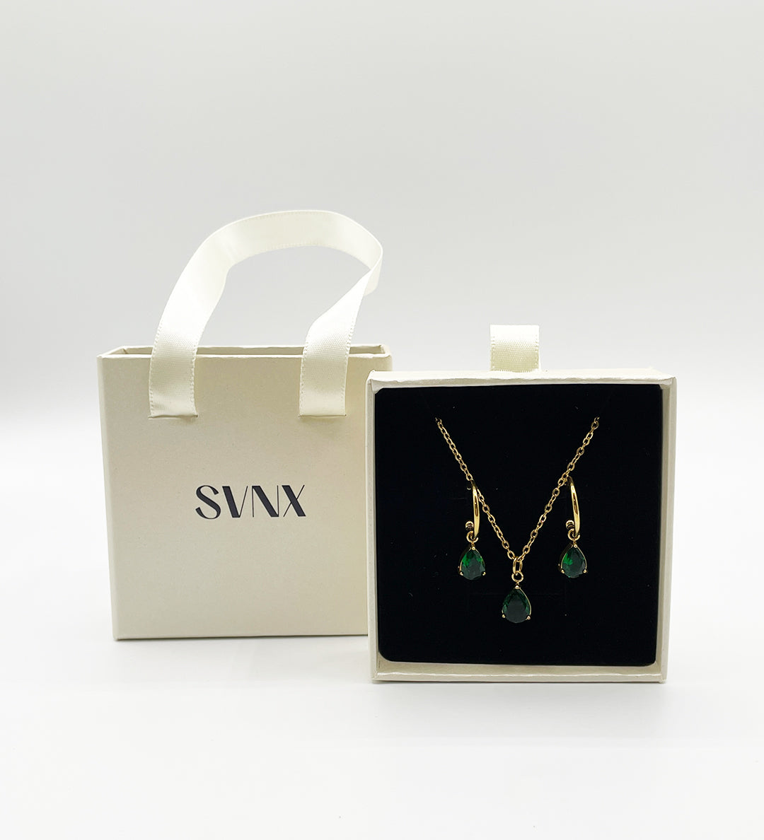 Rhinestone Teardrop Necklace & Earrings Set in Green - Gift Boxed