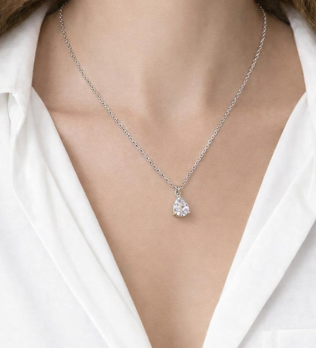 Rhinestone Teardrop Pendant Necklace in Silver - Gift Boxed