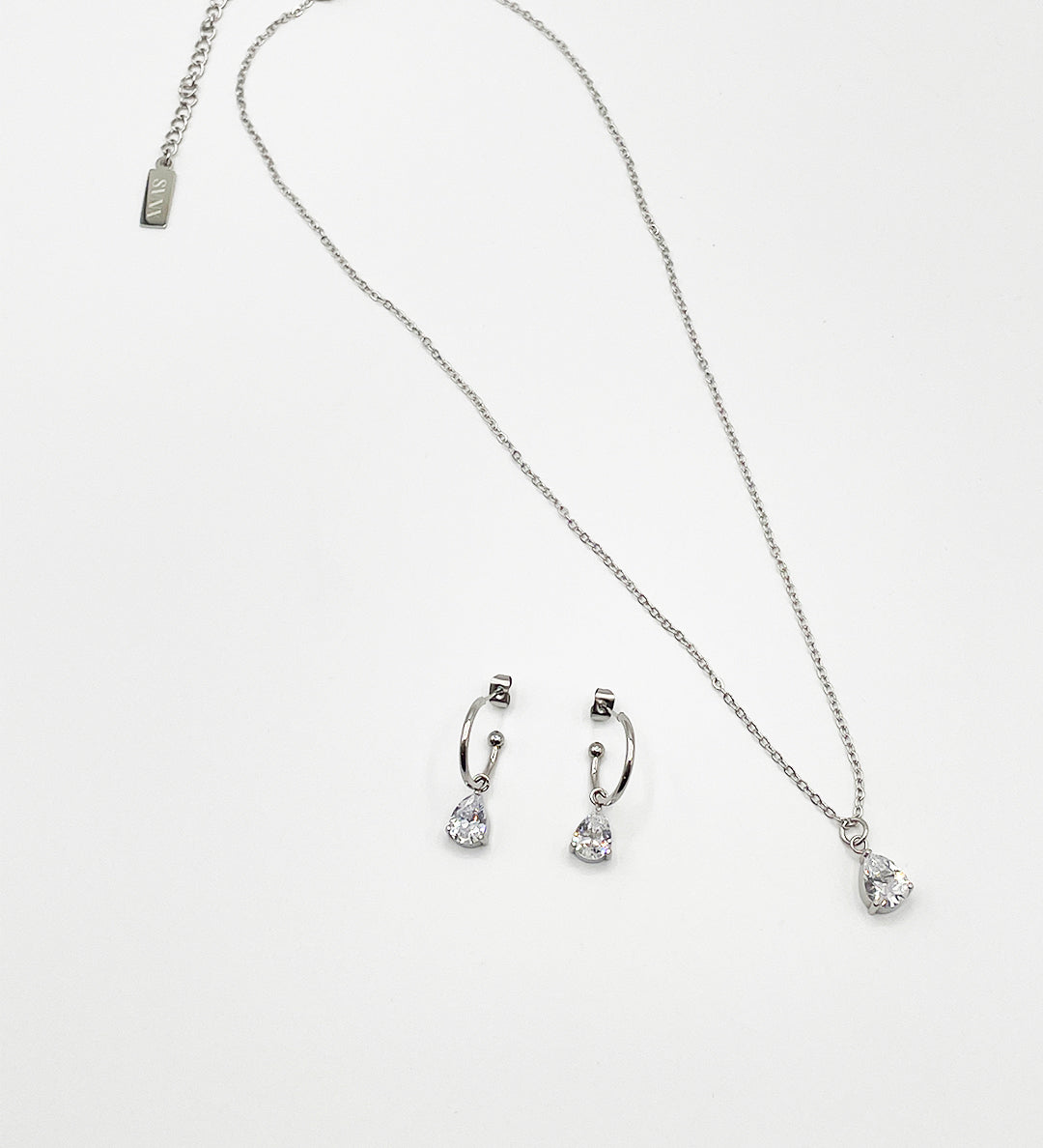 Rhinestone Teardrop Necklace & Earrings Set in Silver - Gift Boxed