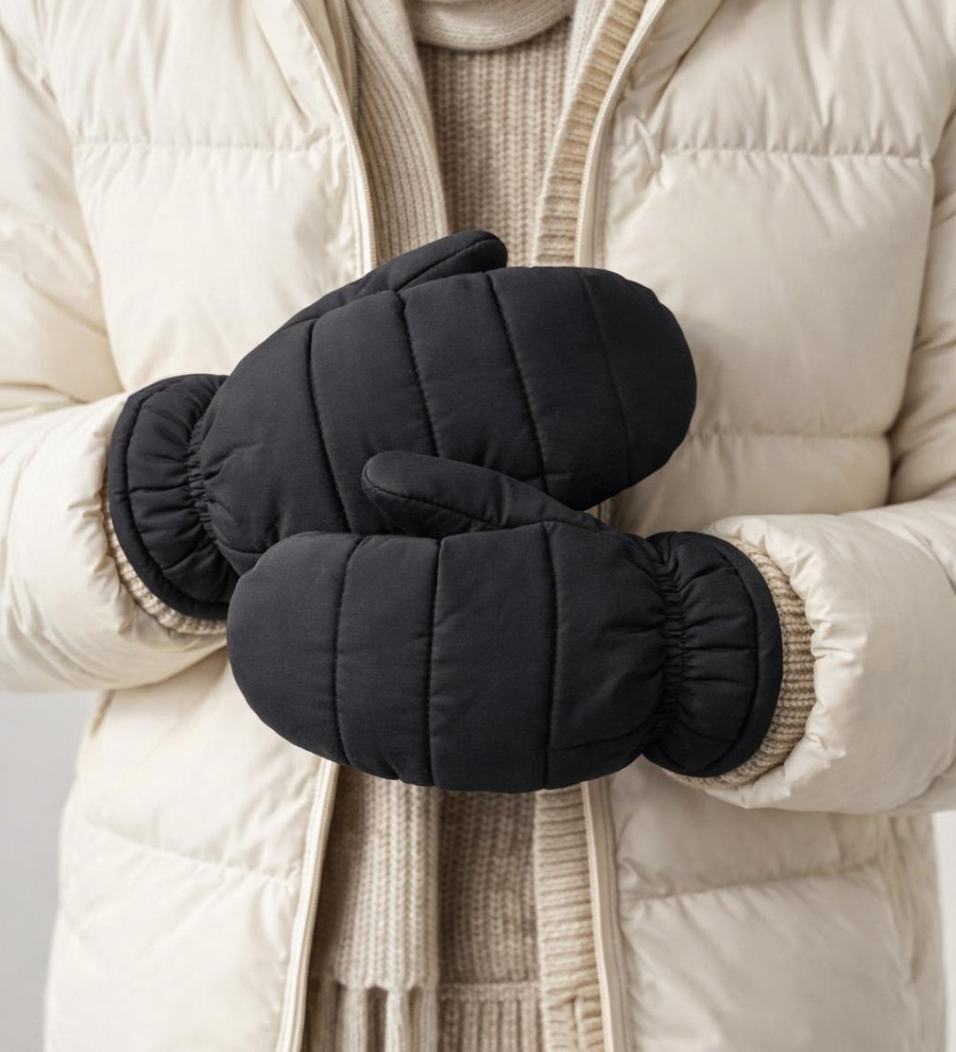 Quilted Bucket Hat & Quilted Mittens Set in Black