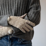 Beige crochet gloves with Pom Pom