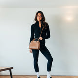 Brown faux leather handbag with gold trim - svnx