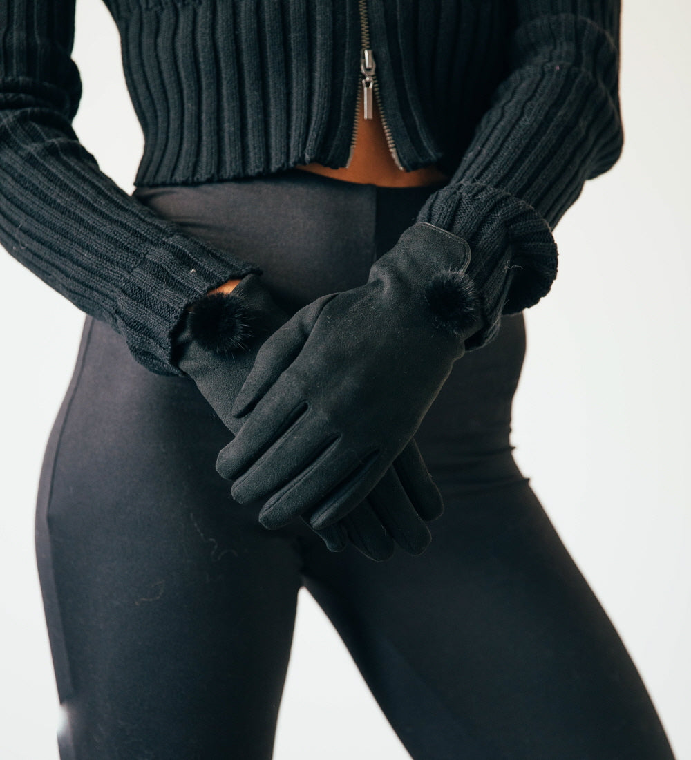 Sleek Black Gloves With Pom Pom - svnx