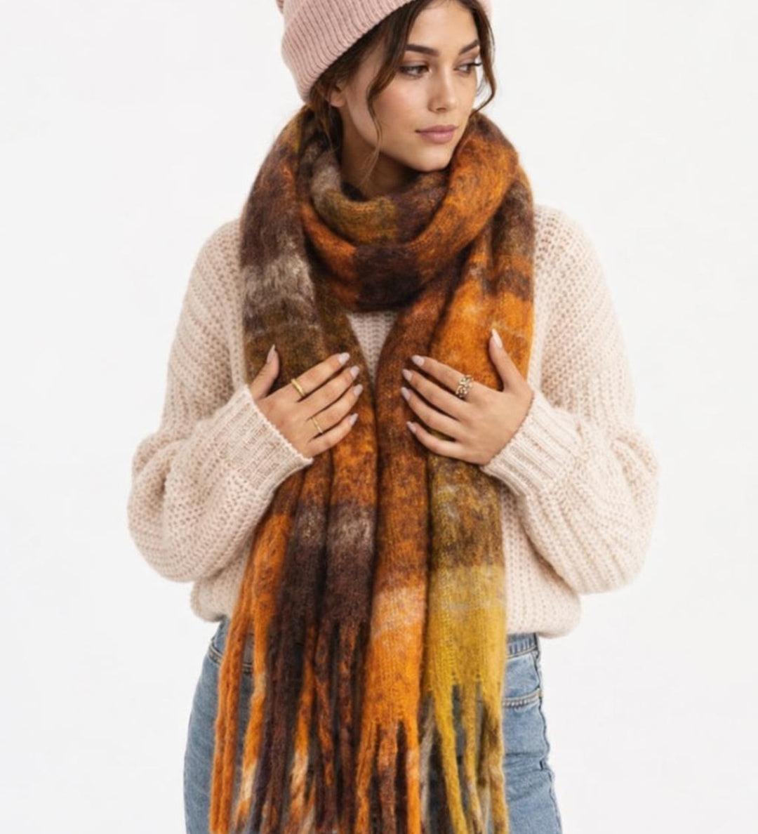 Tartan Blanket Scarf & Textured Knitted Gloves Set in Orange